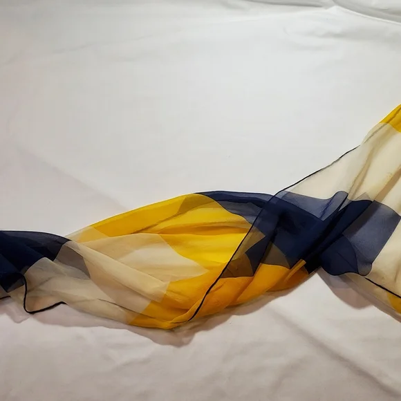 Semi-transparent White Navy and Yellow Chevron Print Vintage Silk Scarf - Picture 9 of 15